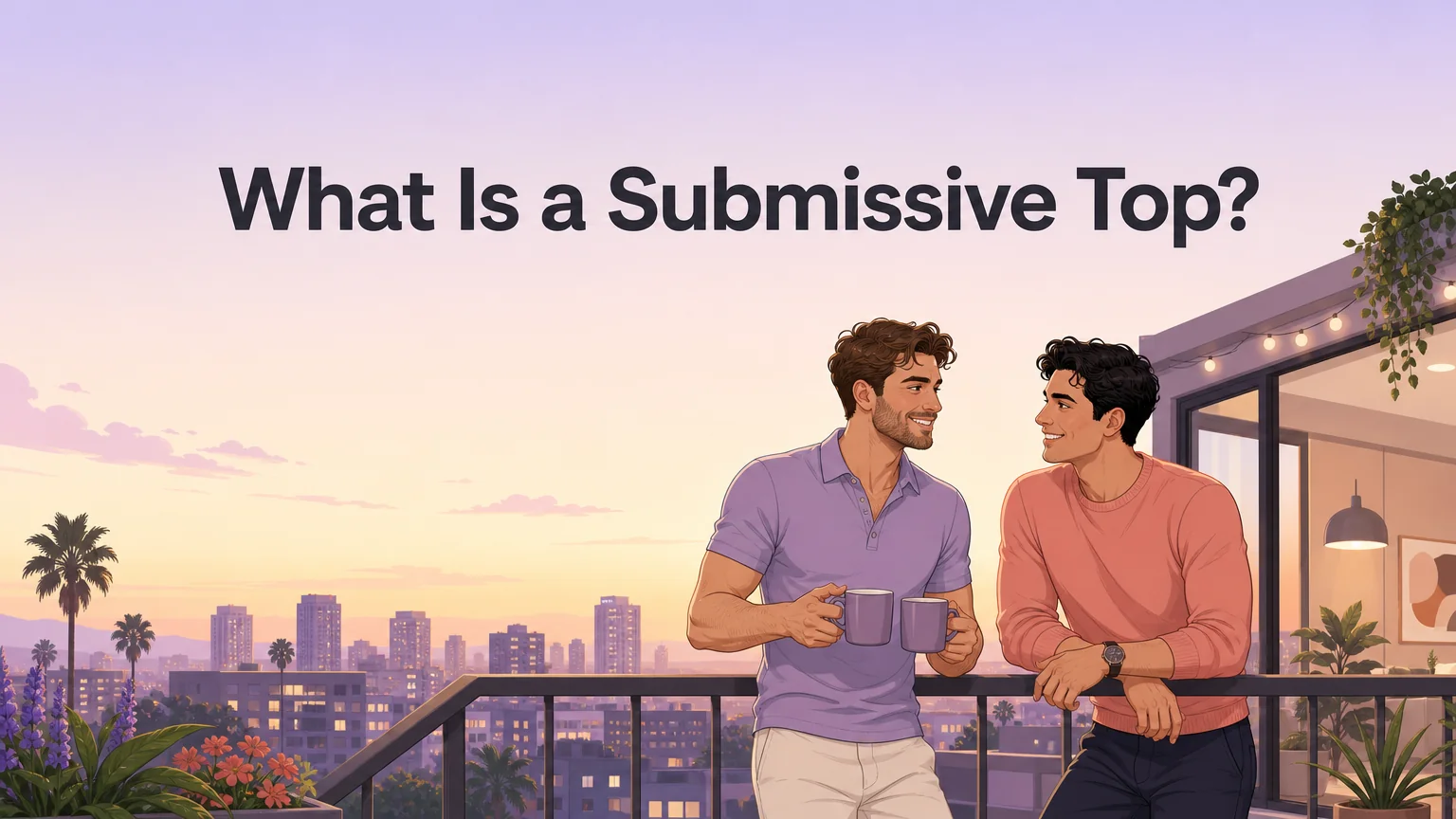 What Is a Submissive Top? Two people talking on a balcony at dusk