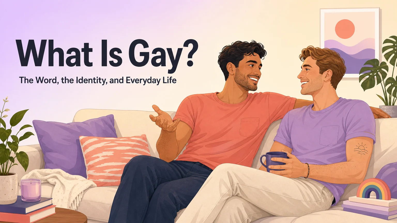 Cover illustration: two men in relaxed conversation on a couch, under the title What Is Gay?