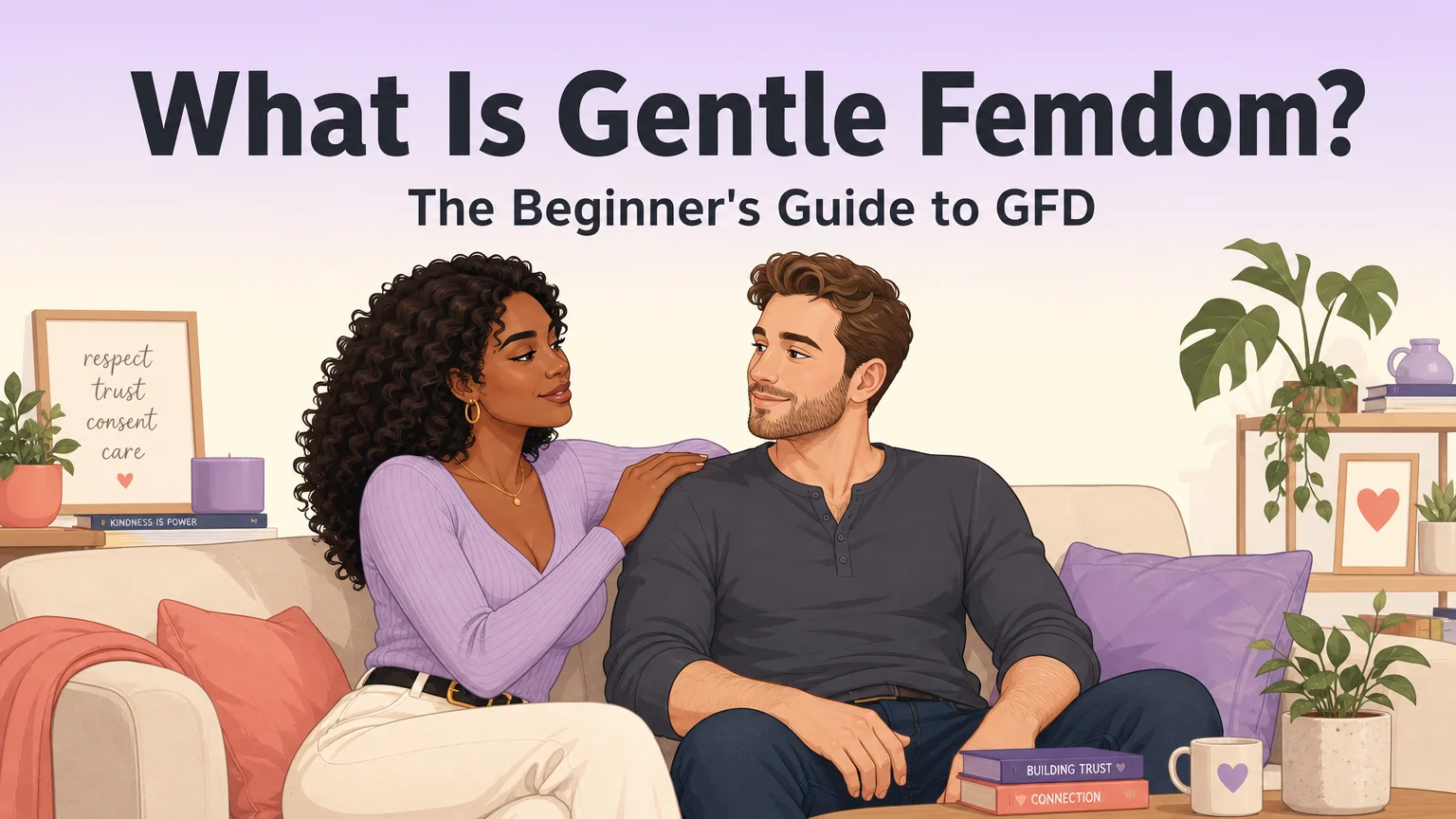 What Is Gentle Femdom? blog cover illustration: an adult woman and man relaxing together on a couch, her hand resting warmly on his shoulder