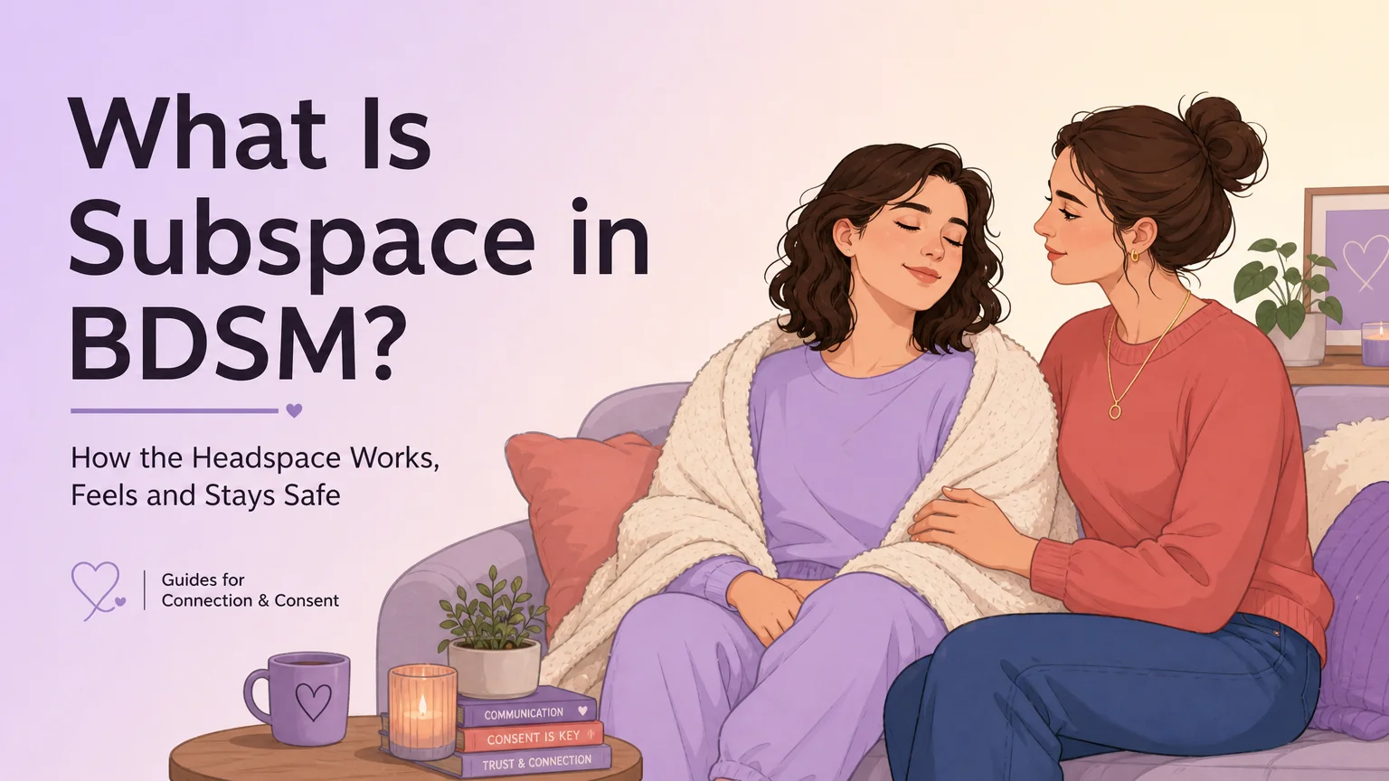 Illustration of two adults on a couch, one wrapped in a blanket, being cared for by the other