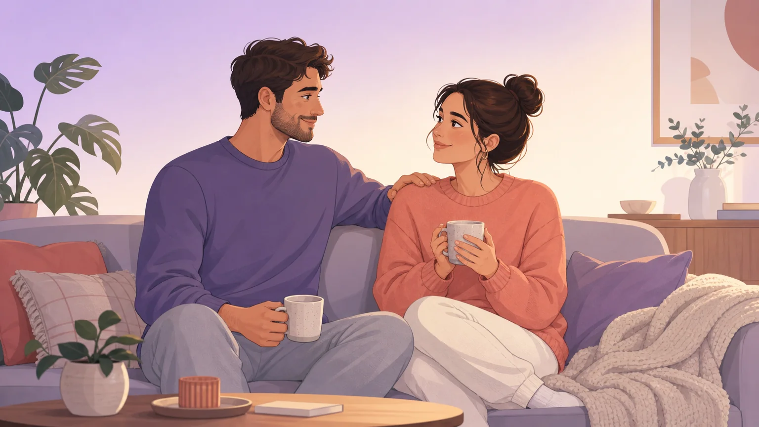 A couple sitting close together on a sofa, one resting a hand on the other shoulder