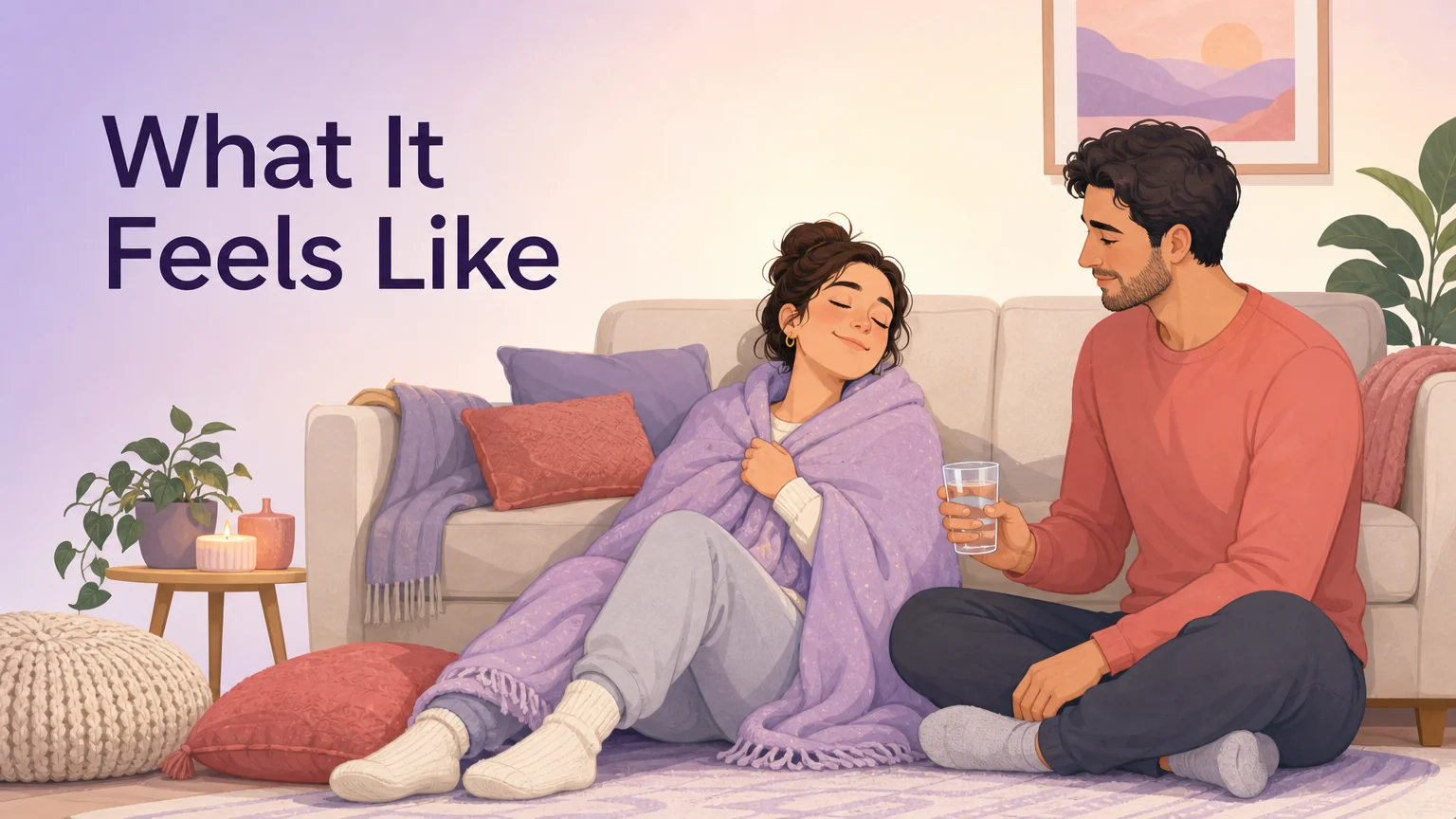 Two adults at home, one resting wrapped in a blanket while the other holds a glass of water and watches over them