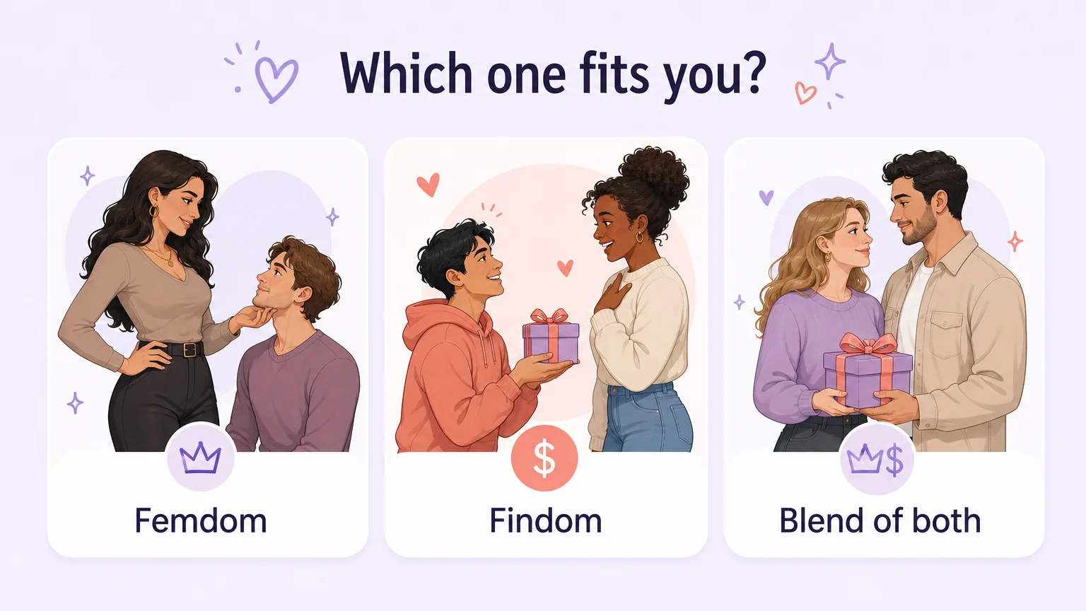 Illustration of three paths to choose from: femdom, findom, or a blend of both