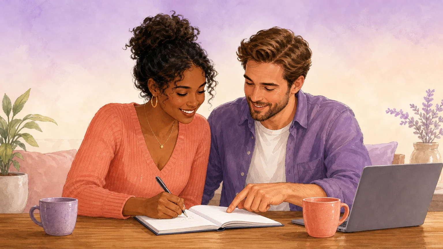 Two partners writing their D/s agreement together at a table