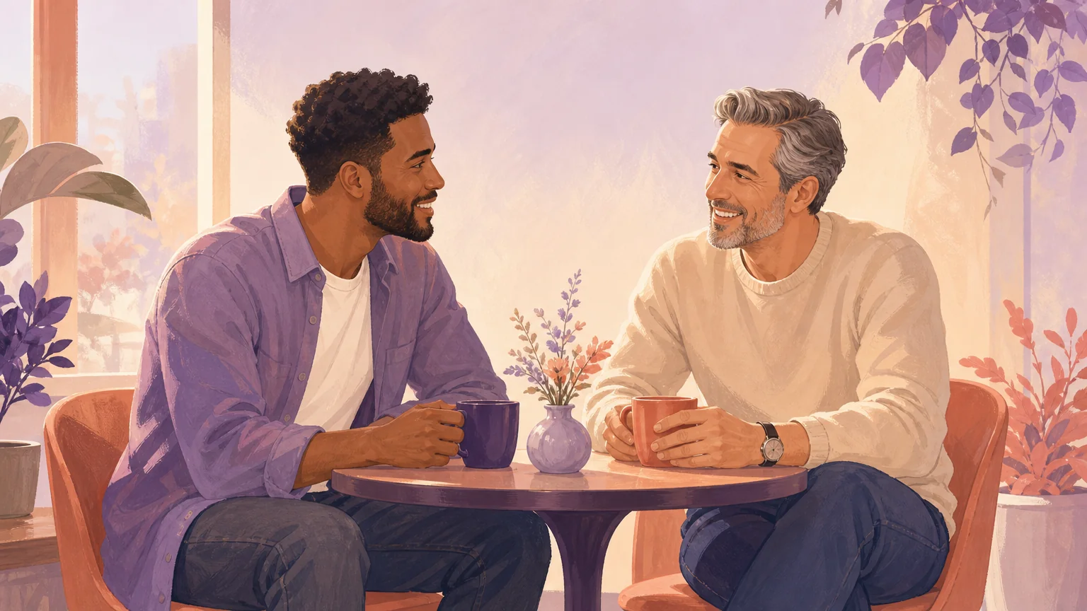 Two adult men of different ages talking over coffee, illustrating aging and desirability