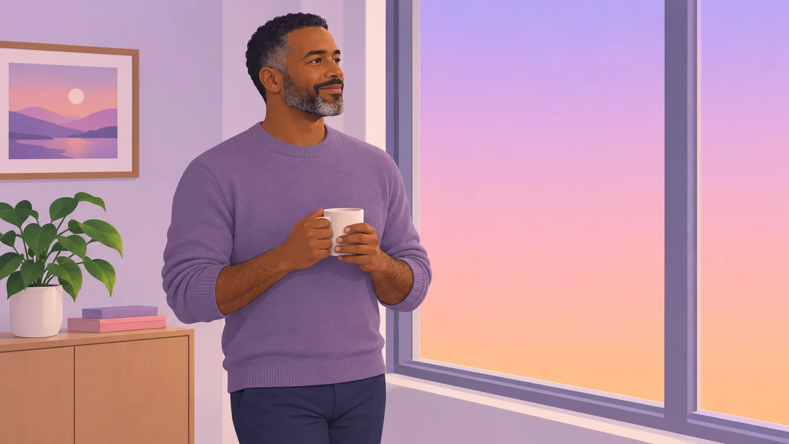 A man in his forties standing by a window with a mug of coffee, calm and at ease about getting older