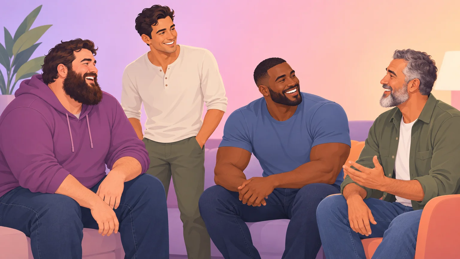 Four adult men of different builds, ages and ethnicities laughing together in a warm, welcoming gathering