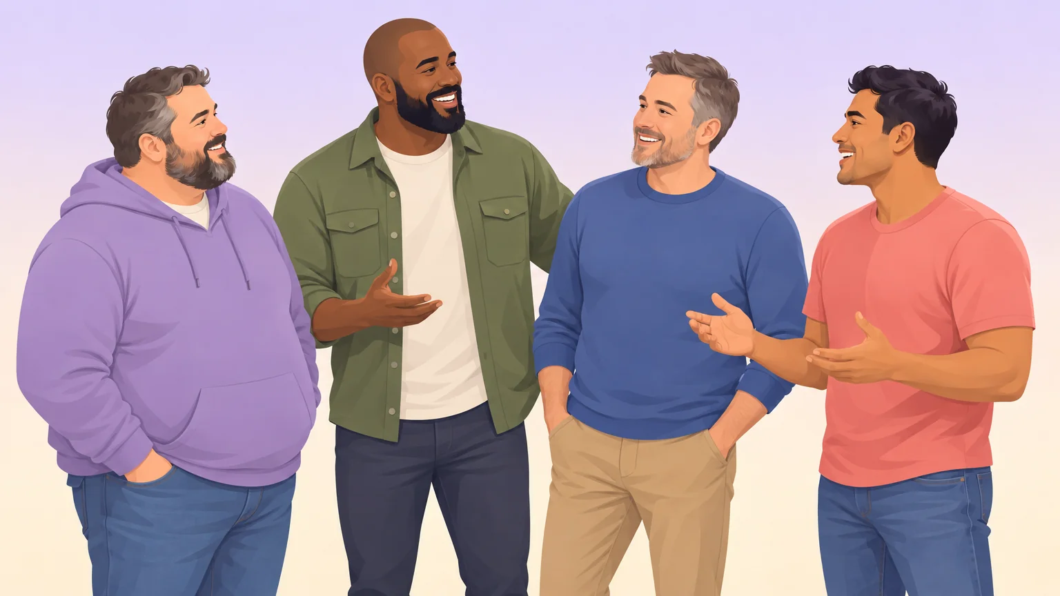 Four men of different builds, ages and ethnicities talking together in a friendly group