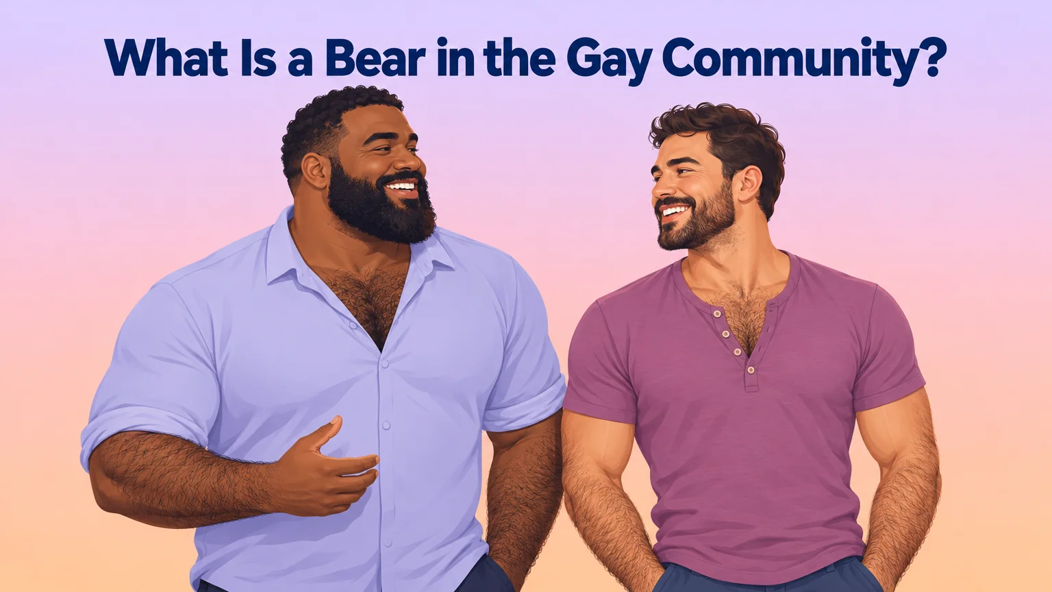 Two adult men talking and smiling on a soft lavender-to-peach gradient, illustrating the bear community