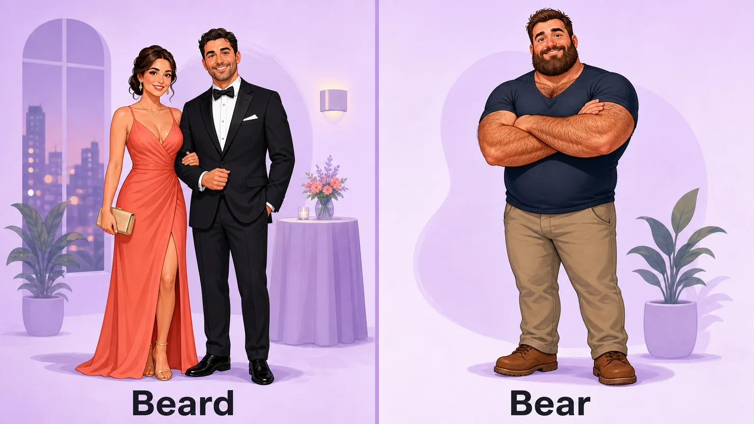 Beard and bear compared side by side: a couple in evening dress at a formal event, and a larger hairy man with a full beard