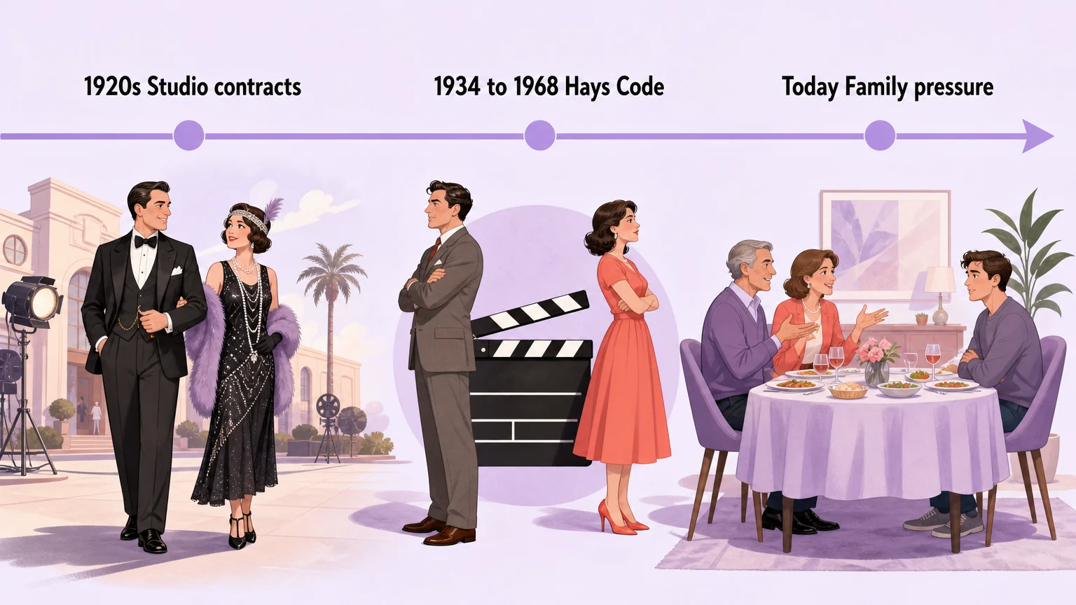 Timeline of bearding from 1920s studio contracts, through the Hays Code era, to today's family pressure