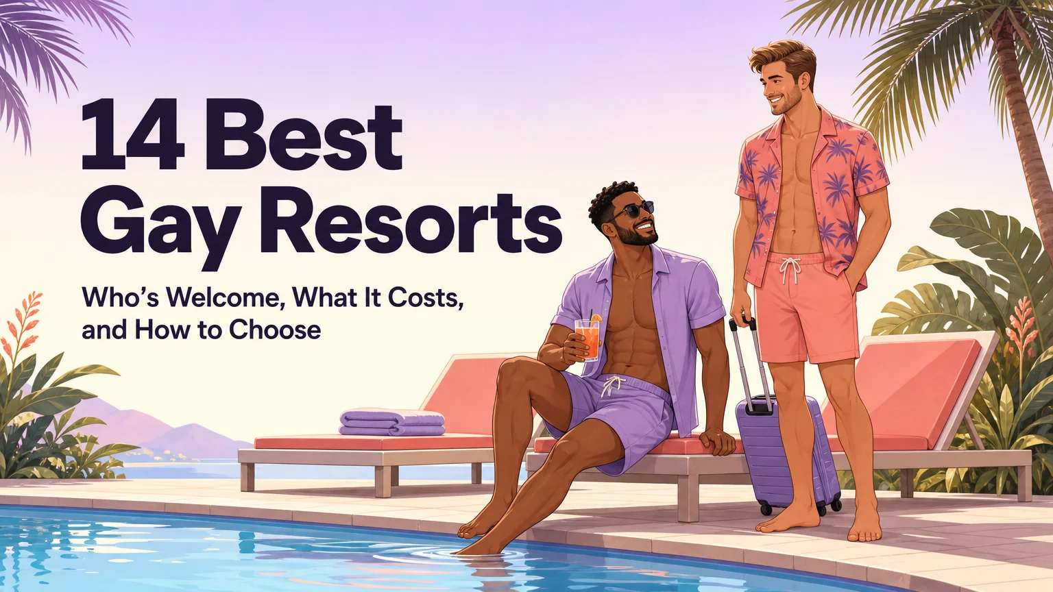 Two men relaxing by a resort pool under a title reading 14 Best Gay Resorts