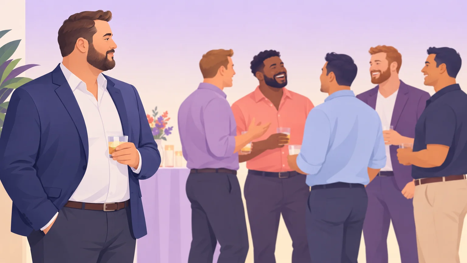 Illustration of a larger-bodied adult man standing at the edge of a busy room, quietly taking in the crowd