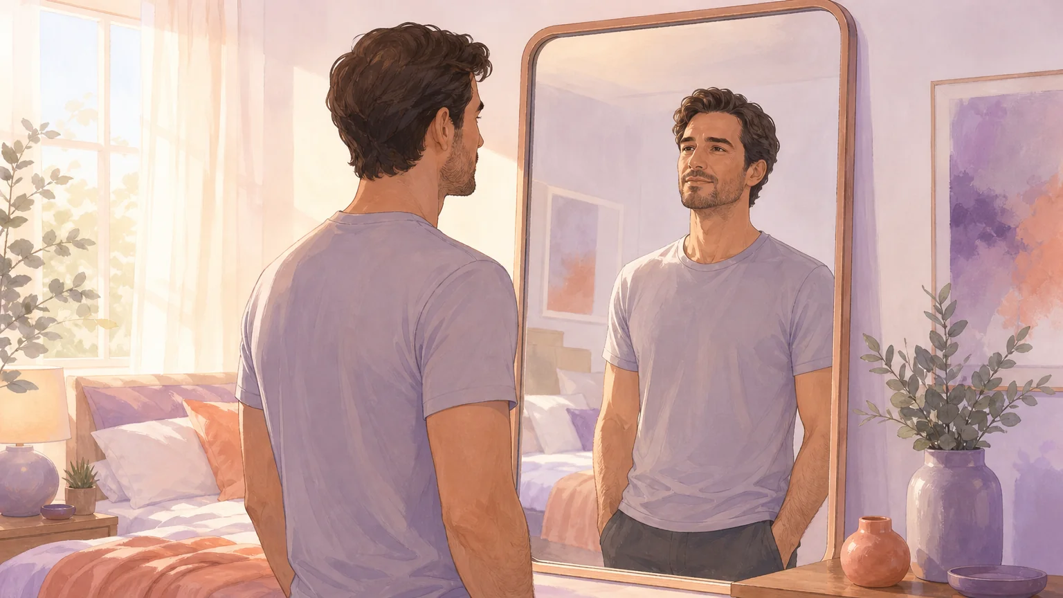A man looking at his reflection in a mirror, illustrating body image pressure