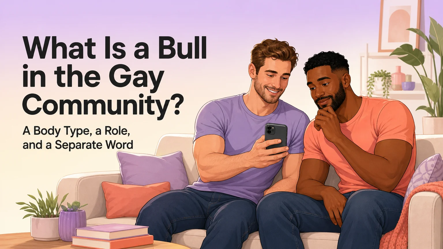 Two men sitting together looking at a profile on a phone