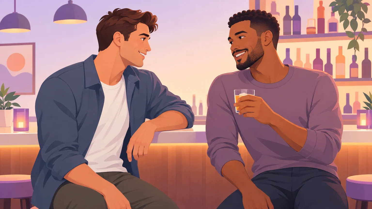 Two men meeting at a bar, the moment of finding people who are on the same page