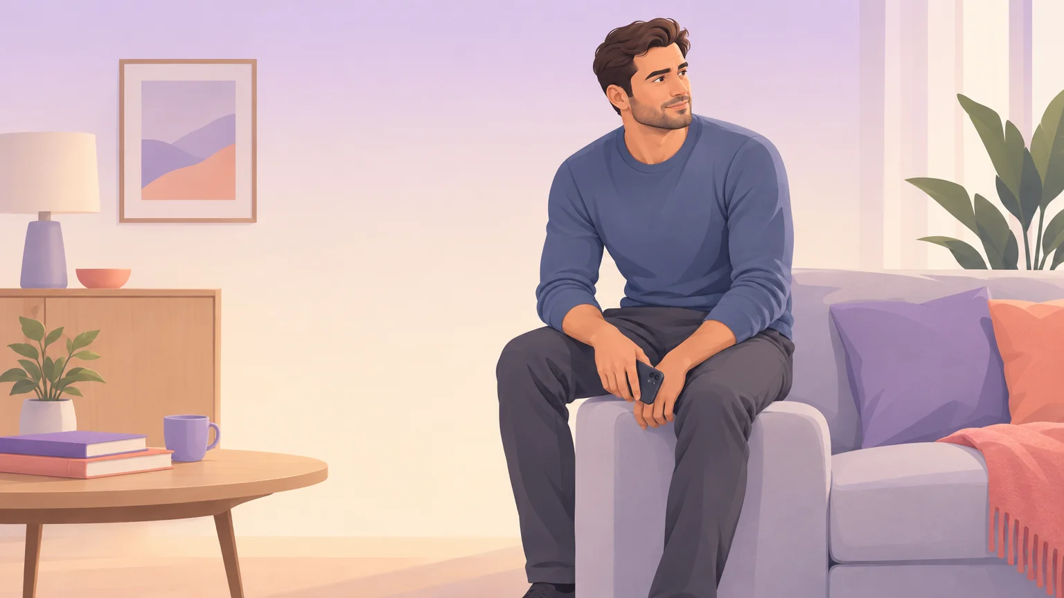 A man sitting alone on the arm of a sofa, phone in hand, looking away in thought