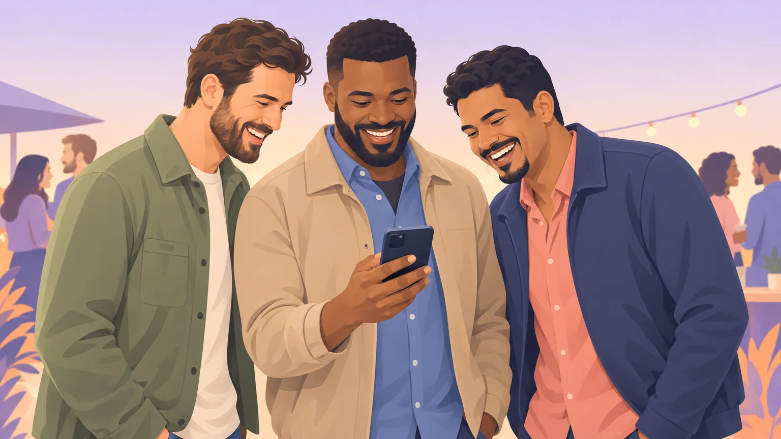 Three men laughing together over a phone at an evening gathering
