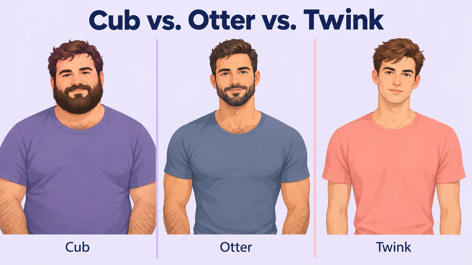 Three panels comparing Cub, Otter and Twink, each showing an adult man of a different build