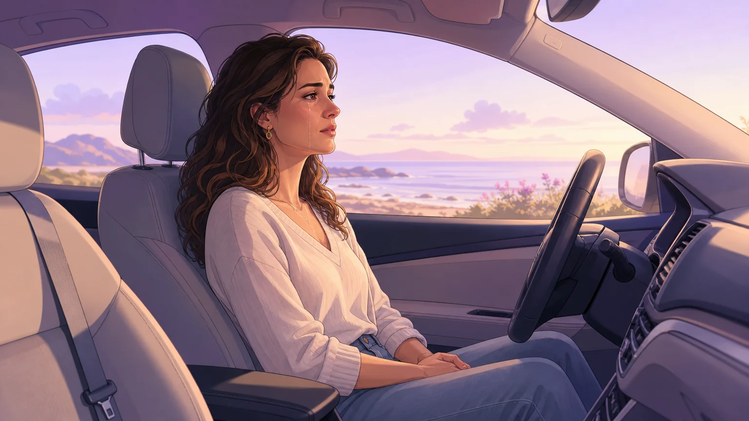 A woman sitting alone in a parked car after discovering she was an unknowing beard
