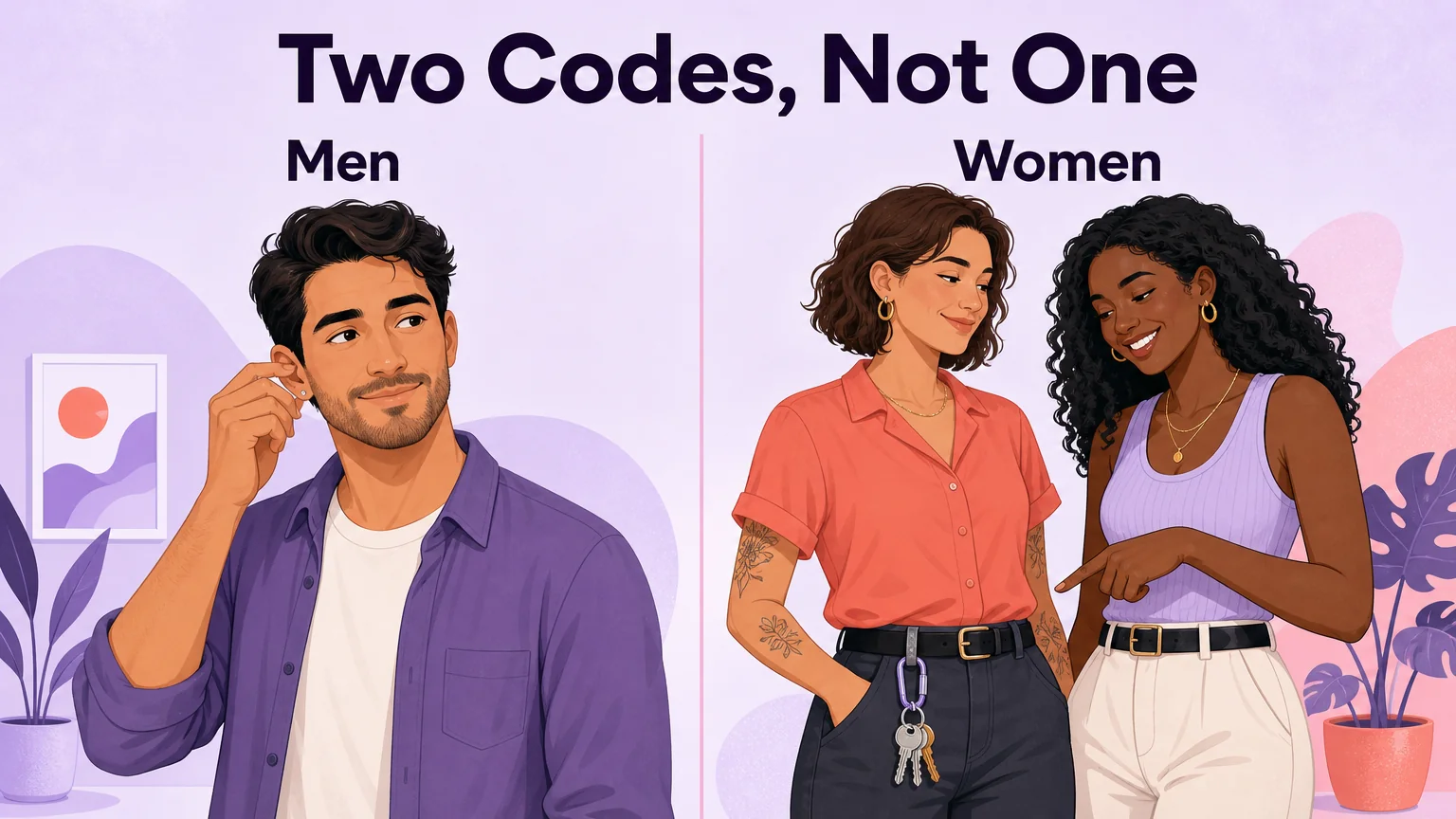 Two-panel comparison: a man with a single earring beside two women, one with a carabiner and ring of keys on her belt loop