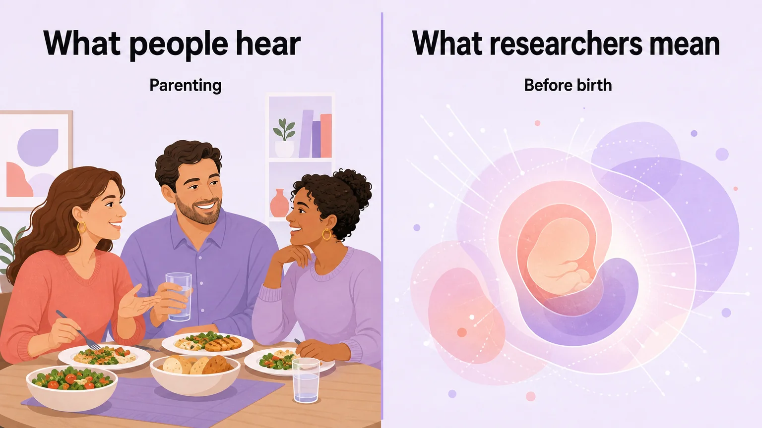 Two-panel diagram: what people hear (parenting) versus what researchers mean (before birth)