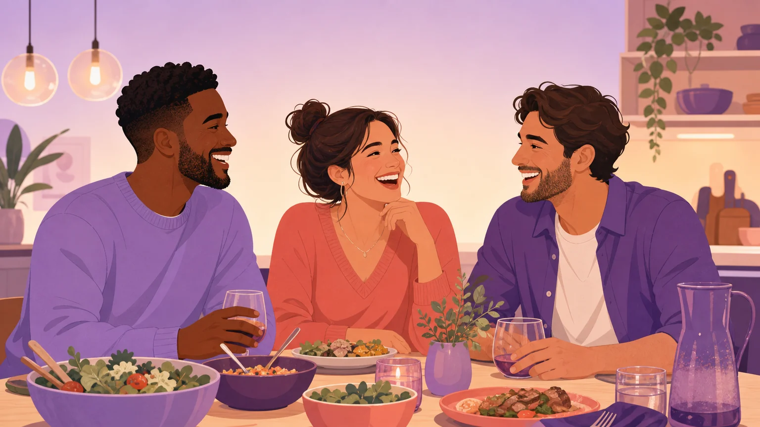Three adult friends laughing together around a kitchen table, finding your people and queer community