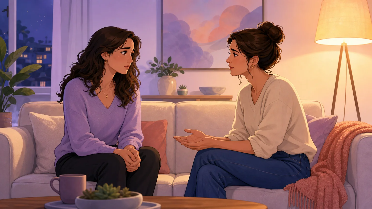 Two women on a couch in the first minute after one of them answers