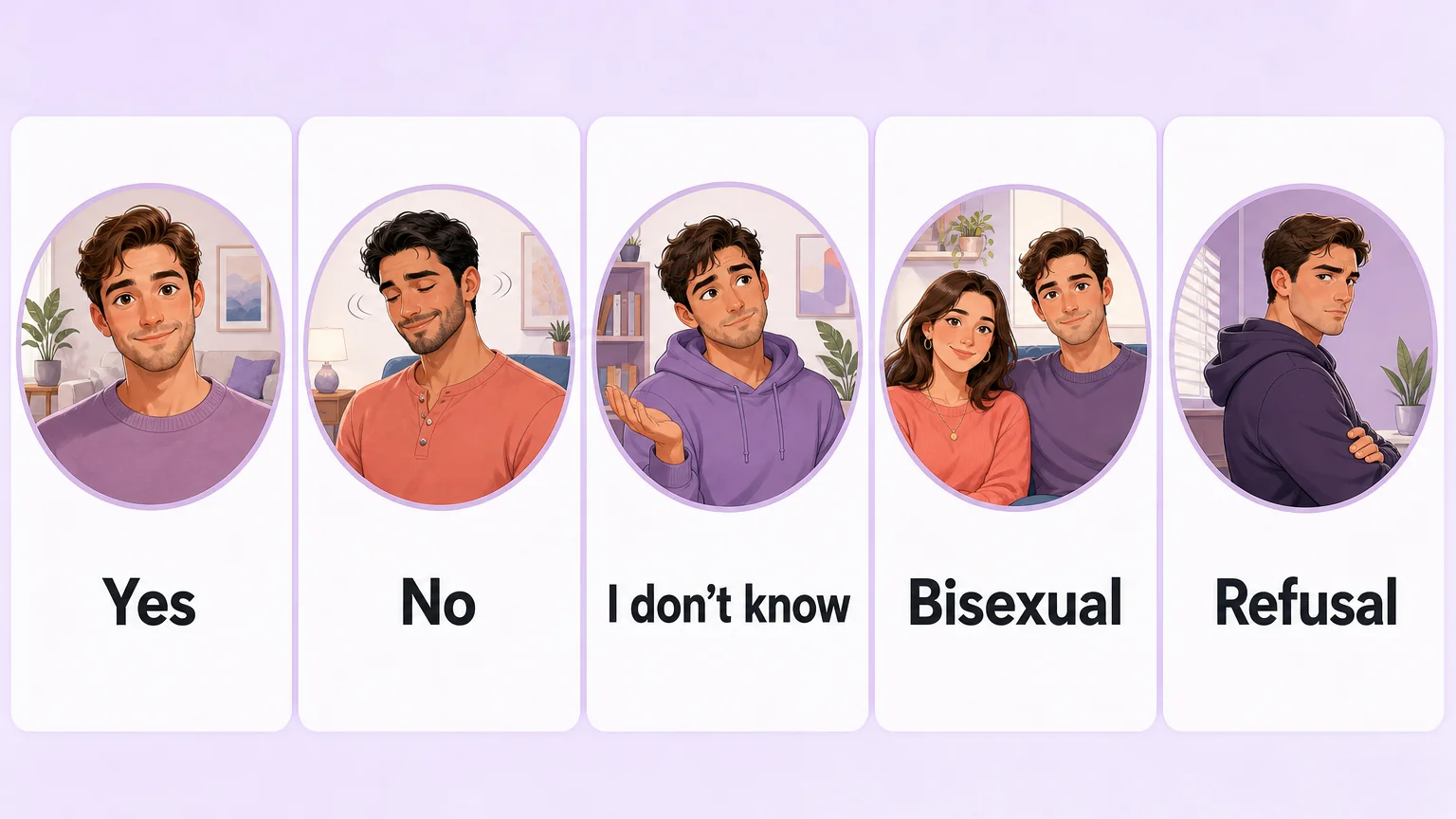Five possible answers: yes, no, I don't know, bisexual, refusal