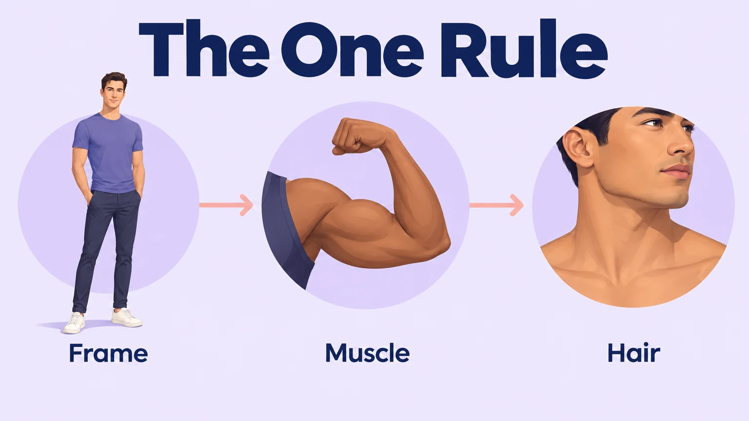 The one rule illustrated in three steps: frame, muscle, and hair