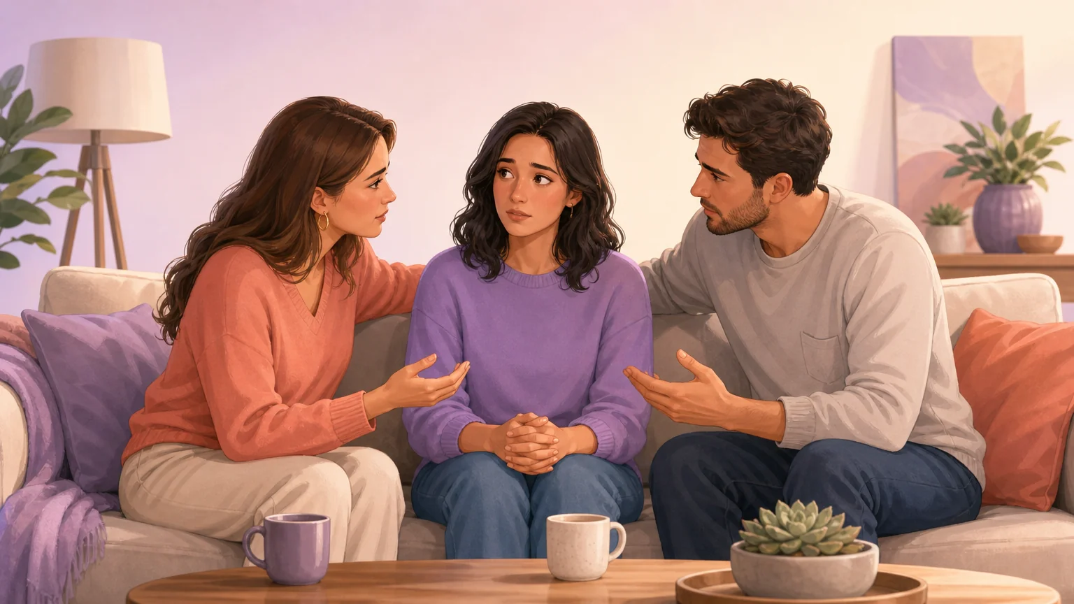 Friends sitting a woman down to tell her she is her boyfriend's beard