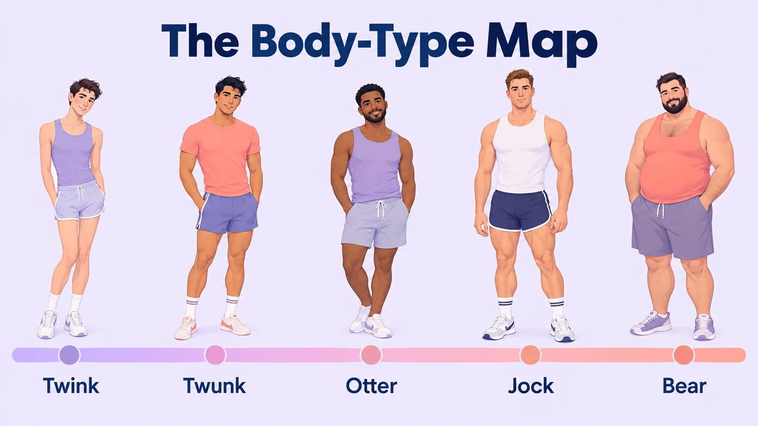 Spectrum map of gay body-type labels: twink, twunk, otter, jock, bear