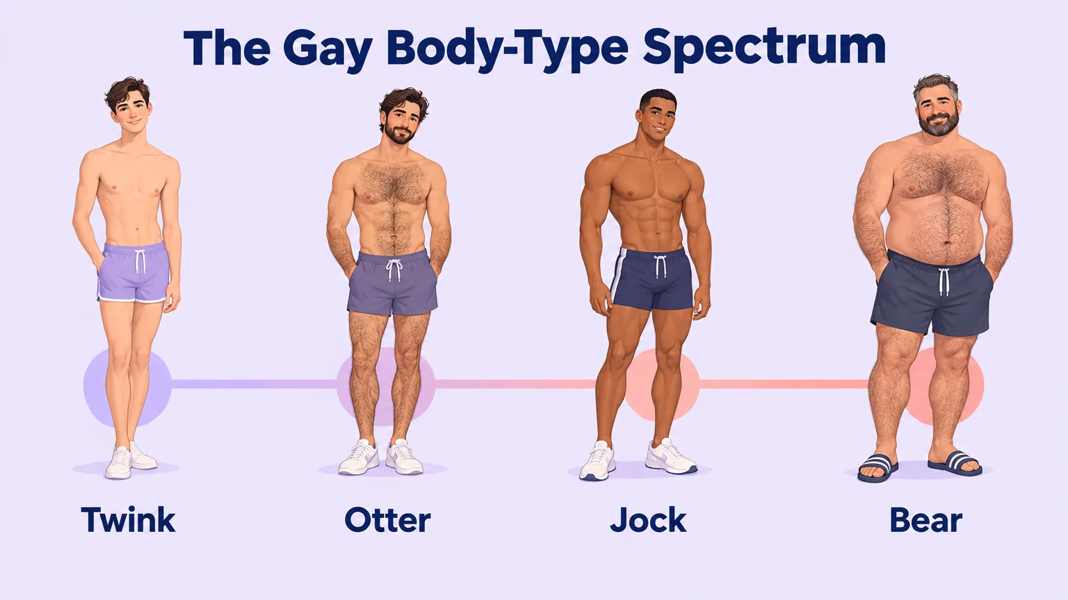 The gay body-type spectrum, from twink through otter and jock to bear
