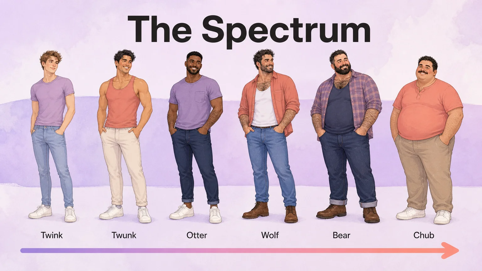 Gay body type chart showing six types on a spectrum from twink through twunk, otter and wolf to bear and chub