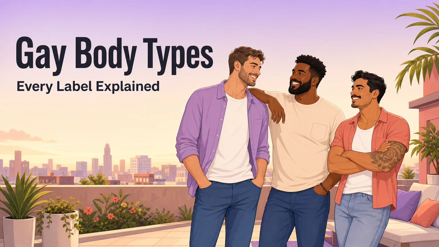 Gay body types cover illustration showing three adult men of different builds talking on a rooftop