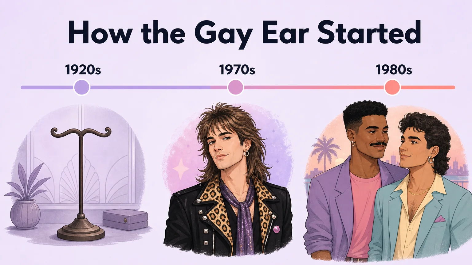 Timeline of men's ear piercing from the 1920s through the 1980s, showing the look fade, return, and peak as a code