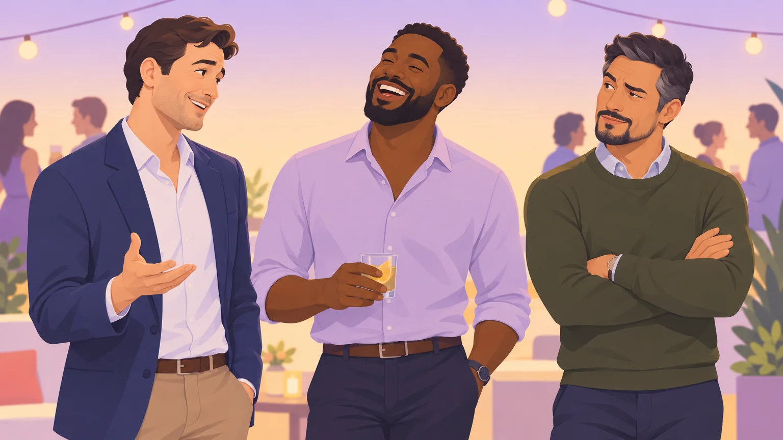 Three men at a gathering, one talking, one laughing and one listening unconvinced