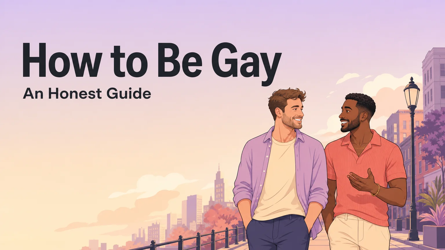 Two gay men walking together and talking on a city street, illustrating how to be gay