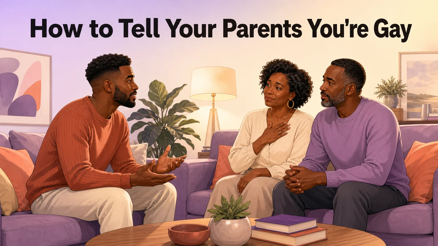 Cover illustration of an adult gay man telling his parents he is gay