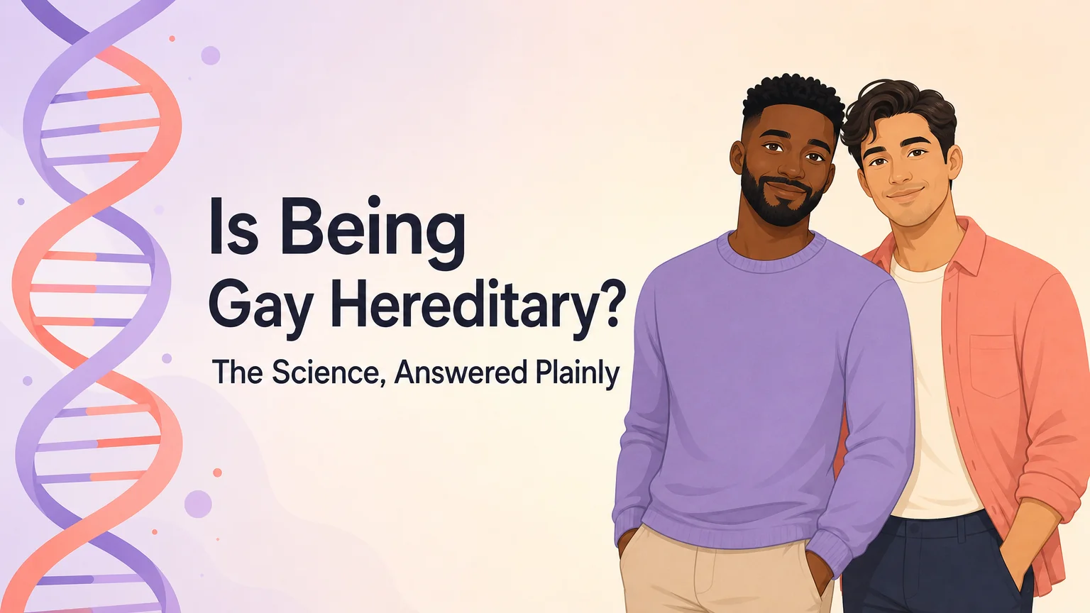 Cover illustration: a same-sex couple beside a DNA double helix, titled "Is Being Gay Hereditary?"
