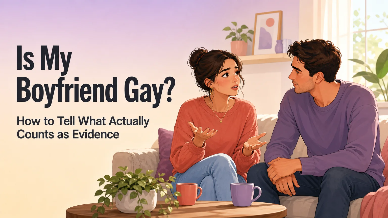 Two men talking on a couch, illustrating the question is my boyfriend gay