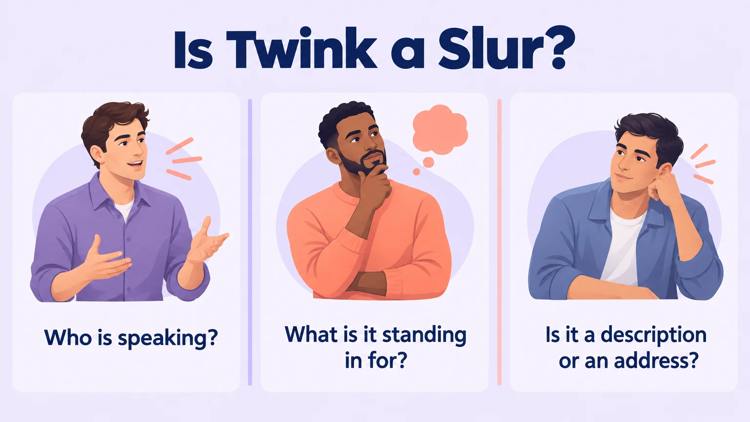 Three questions for judging whether the word is an insult: who is speaking, what it stands in for, and whether it is a description or an address