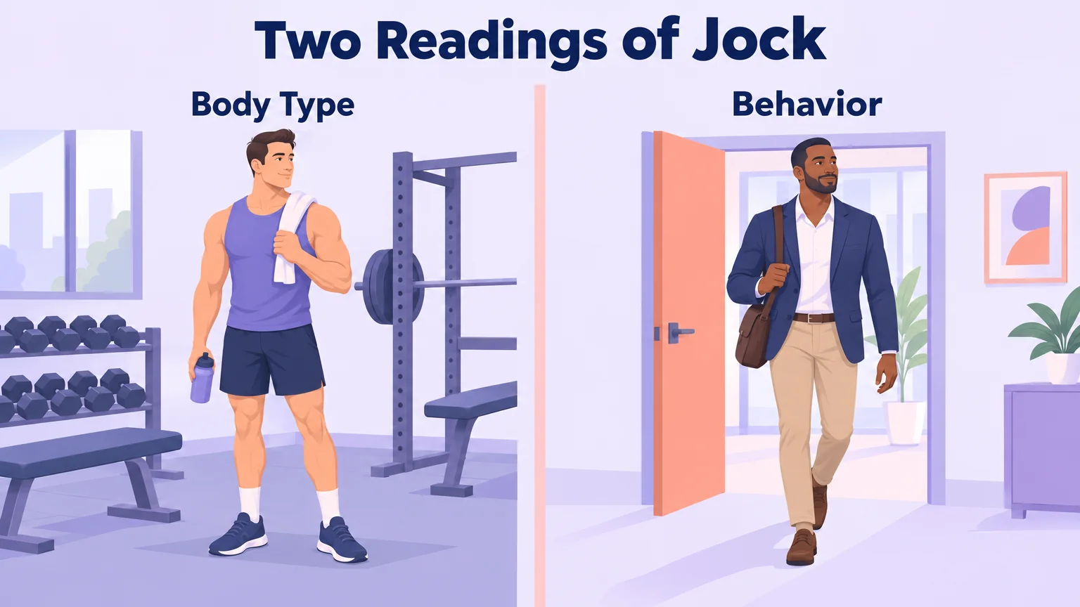 Two-panel comparison of the two readings of jock: body type and behavior