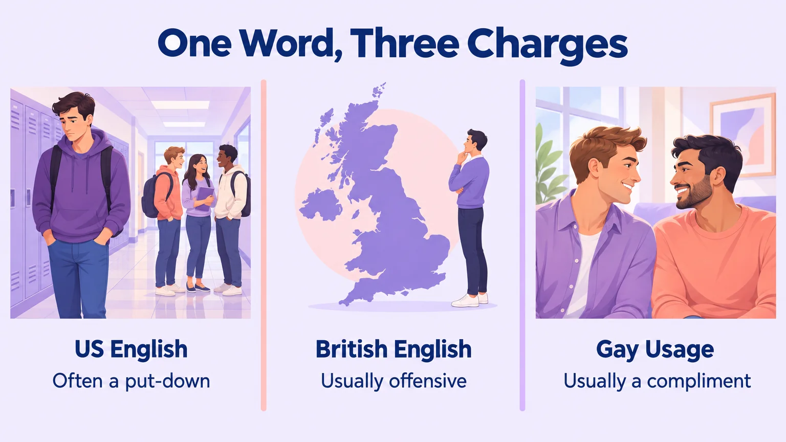 Three-panel comparison of jock in US English, British English and gay usage