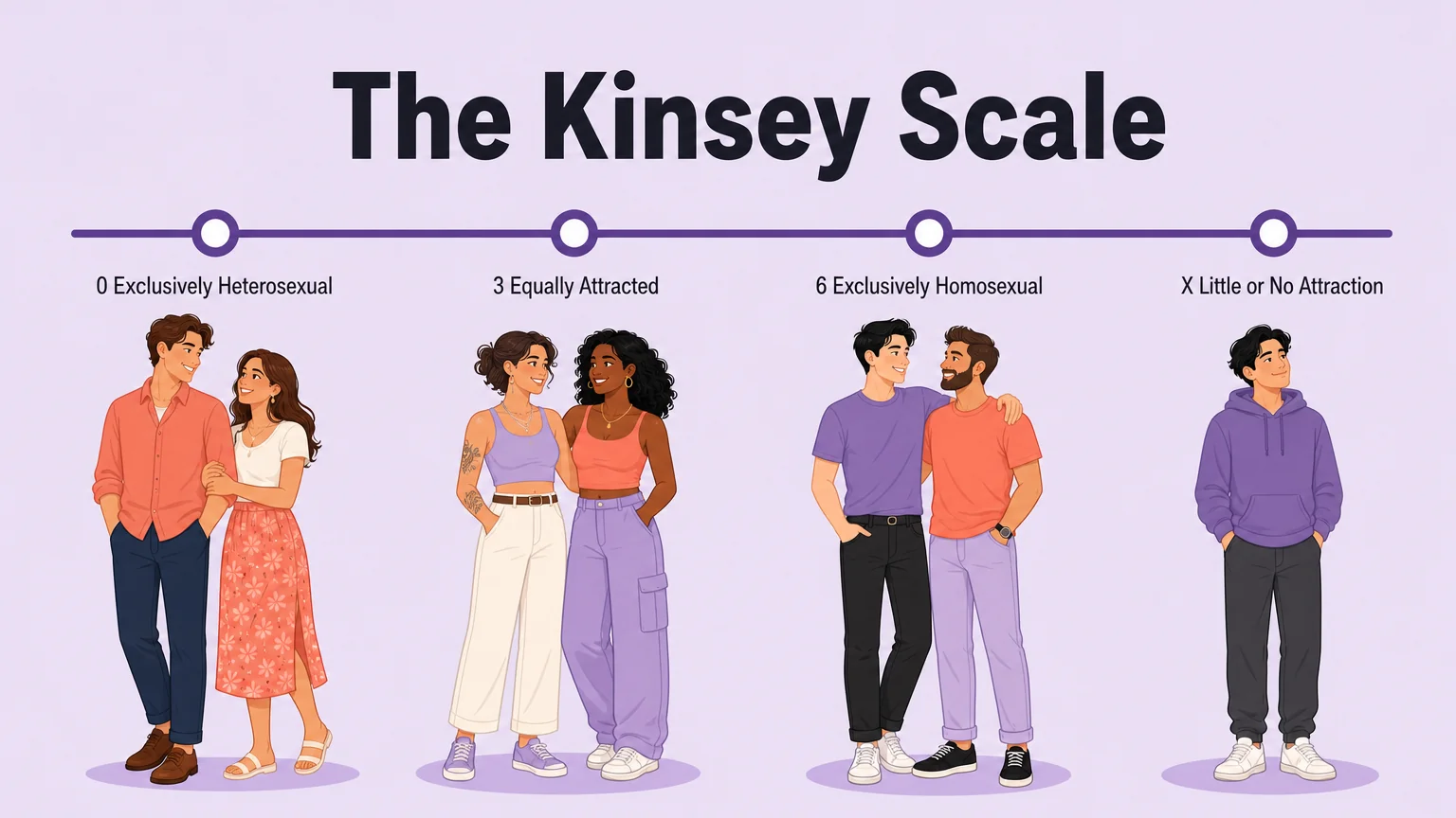 The Kinsey Scale shown as a spectrum from 0 to 6 with an X category, with couples at each point