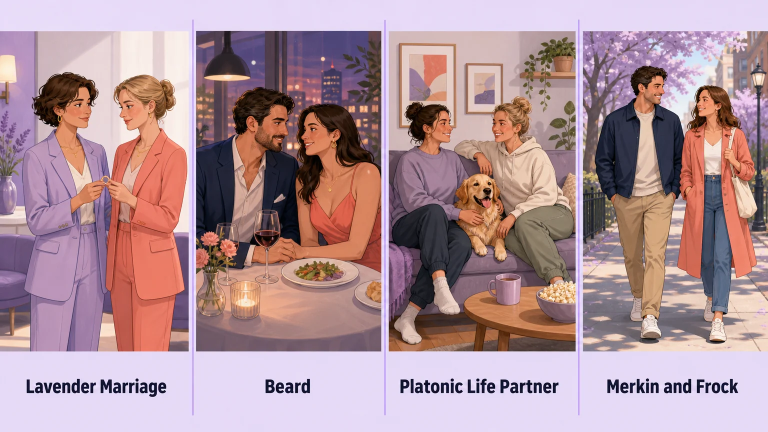 Four related terms compared: lavender marriage, beard, platonic life partner, and merkin and frock