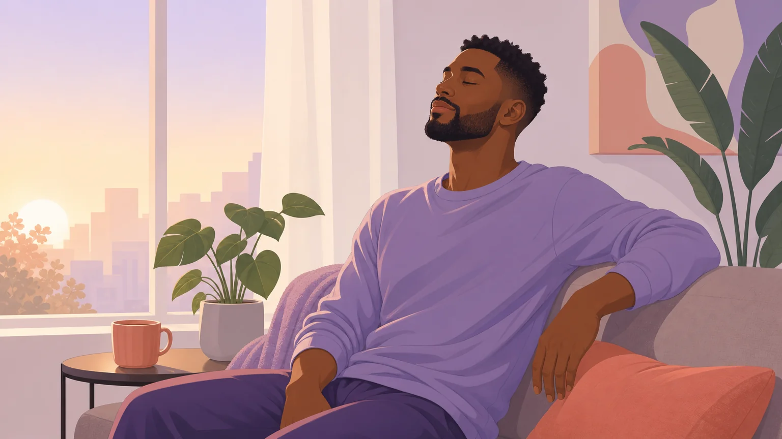 A gay man sitting peacefully by a window at sunrise, moving from knowing to self-acceptance