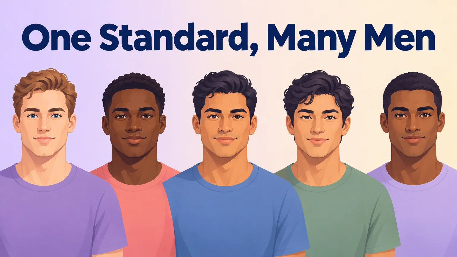 Five adult men of different ethnicities sharing the same slim youthful look, showing one narrow standard applied across many men