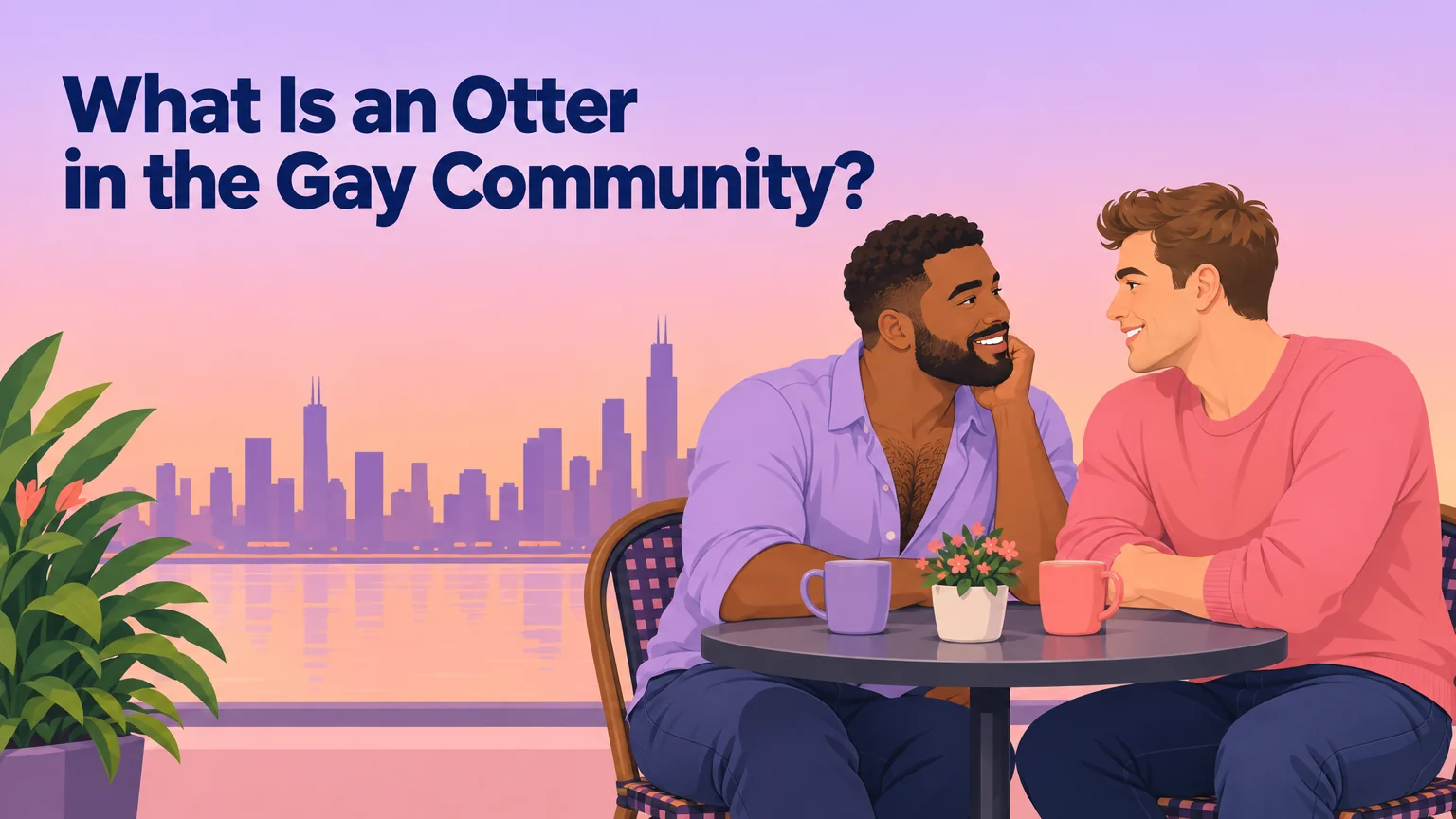 Two men talking over coffee at a cafe table, illustrating an article about what an otter is in the gay community
