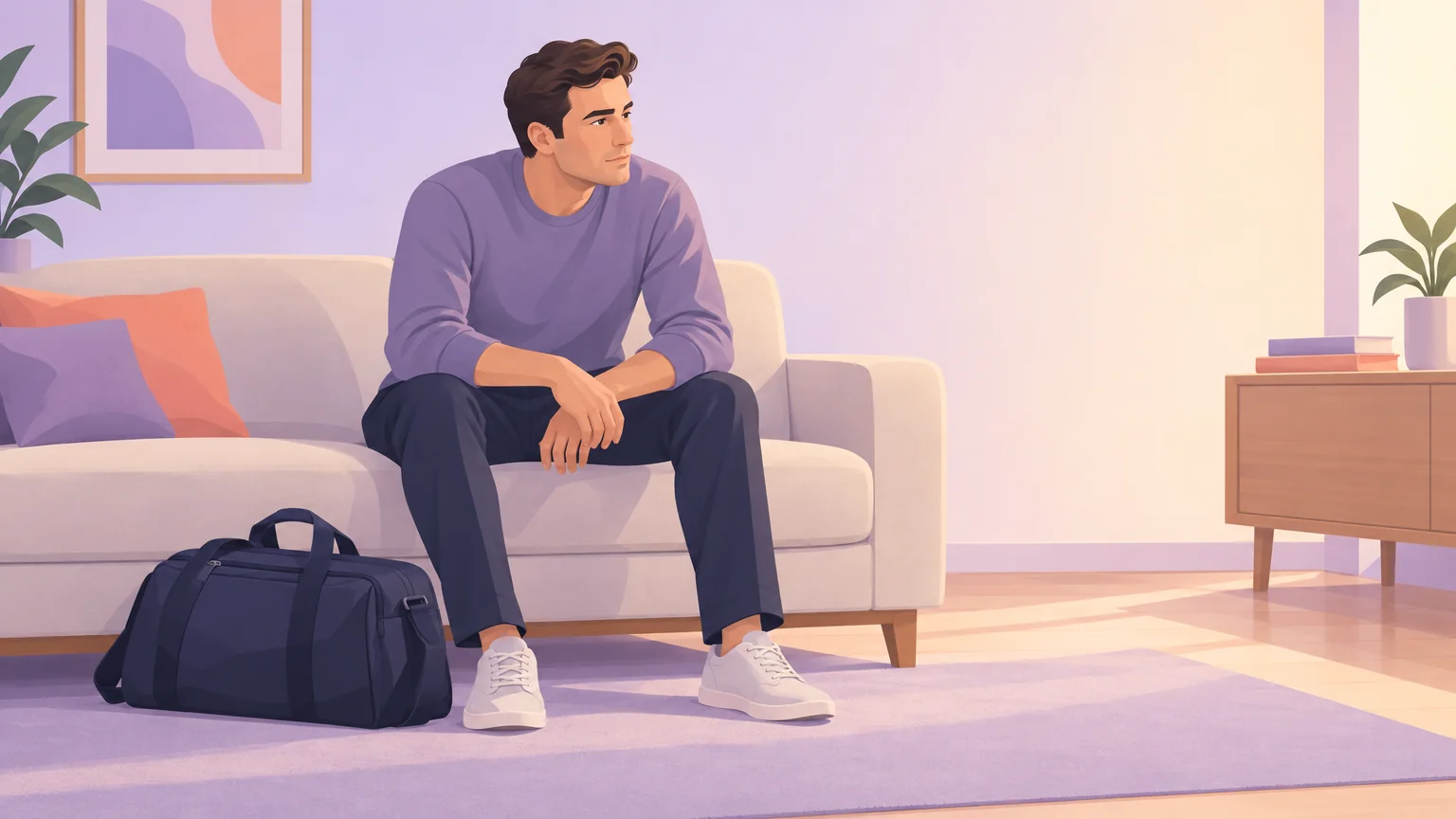 A man sitting alone on a sofa beside an unopened gym bag